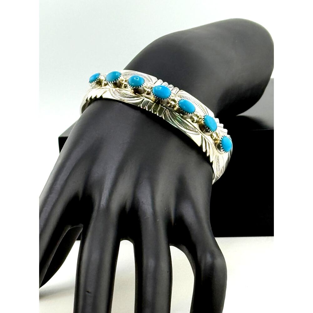 Navajo Sterling 7 Piece Turquoise Cuff Bracelet Signed